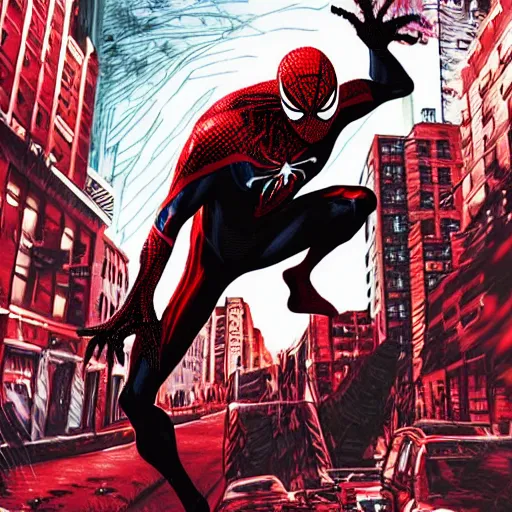 Image similar to carnage symbiote morphing in to spider man on a dark and stormy night in new york city