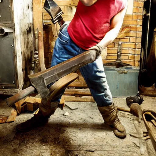 Prompt: a photo of a blacksmith kid holding big hammer by terry richardson