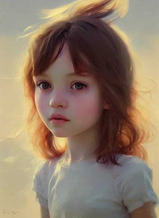Prompt: realistic tender sweet portrait of a young cute girl with realistic hair on the wind, symmetrical eyes, portrait illustration, trending on artstation, characterdesign, sharp focus, illustration, art by ruan jia, ghibli, elena shumilova, leah robinson