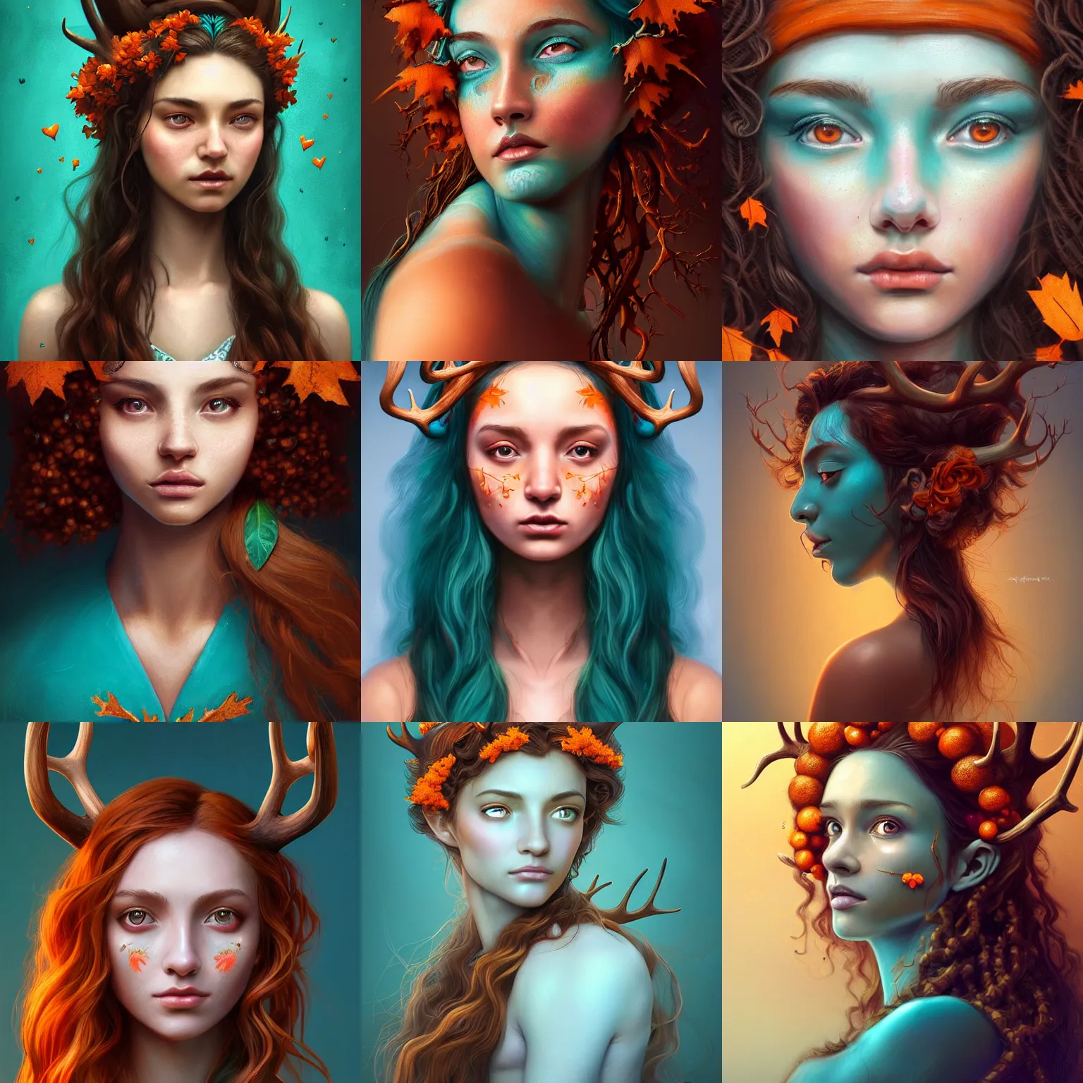 Prompt: beautiful digital painting of a beautiful young woman with teal skin and antlers made of wood on her head, brown curly hair with orange oak leaves, heart shaped face, D&D, fantasy, intricate, beautiful eyes, cinematic lighting, highly detailed, digital painting, Artstation, concept art, smooth, sharp focus, illustration, art by Artgerm and Greg Rutkowski, Alphonse Mucha and Rossdraws