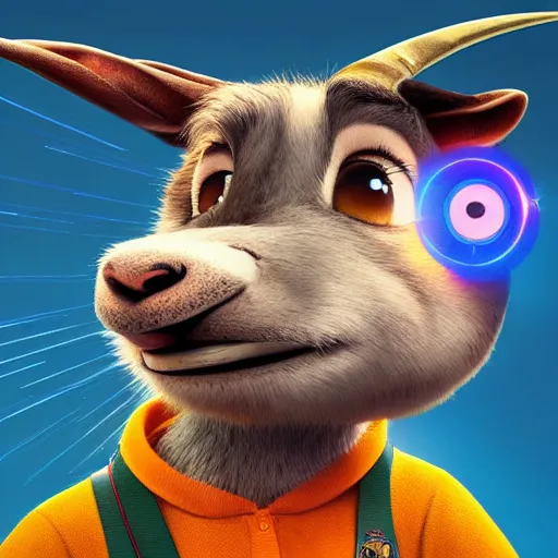 Image similar to “portrait of a smiling goat, zootopia movie style, pointing a laser gun at the camera, digital art, 4k, award winning”