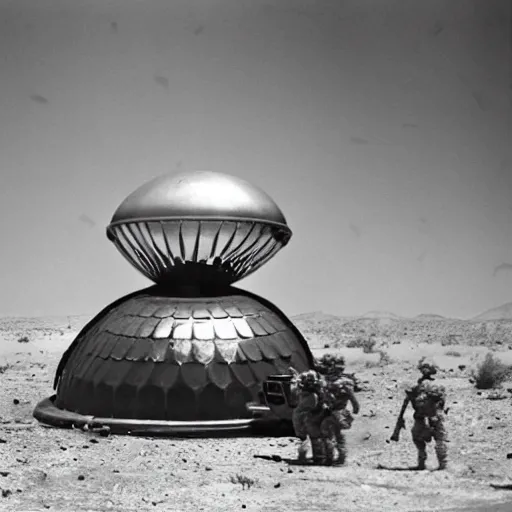 Prompt: army troops surround shiny metallic ufo flying saucer with transparent dome crashed in the desert, smoking and burning in flames by Ray Harryhausen and Glen Orbik, color Ektachrome photo