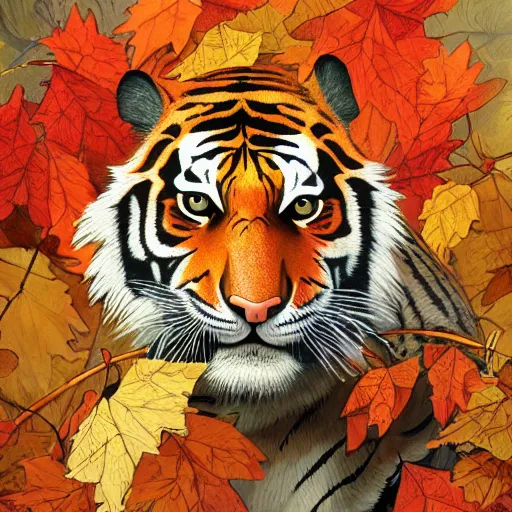 Image similar to a highly detailed portrait of cartoon tiger, leaf fan, small fires and sun, autumn leaves on the ground, concise lines, ultradetailed environment, sharp focus, cinematic lighting, character art, 8 k, by alphonse maria mucha and kim jung gi