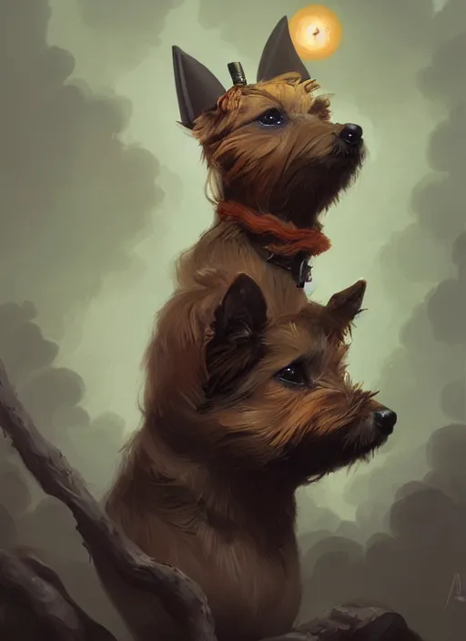 Image similar to norwich terrier as an witch, backround dark, highly detailed, digital illustration, trending in artstation, modern painting, smooth, sharp focus, intricate, by peter mohrbacher