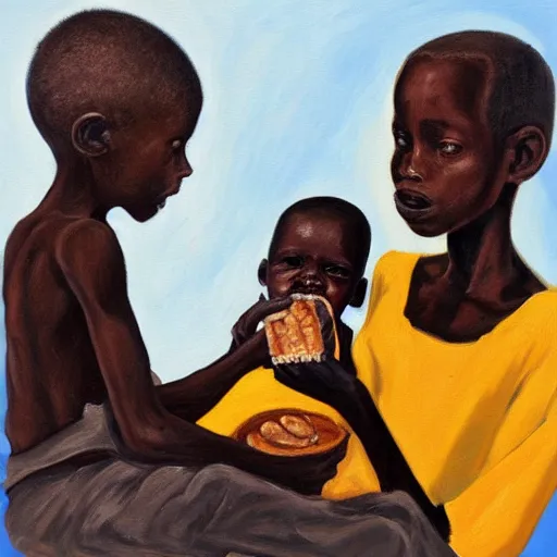 Image similar to oil painting of a malnourished ugandan boy sharing bread with a blond well fed child american, by julia pott