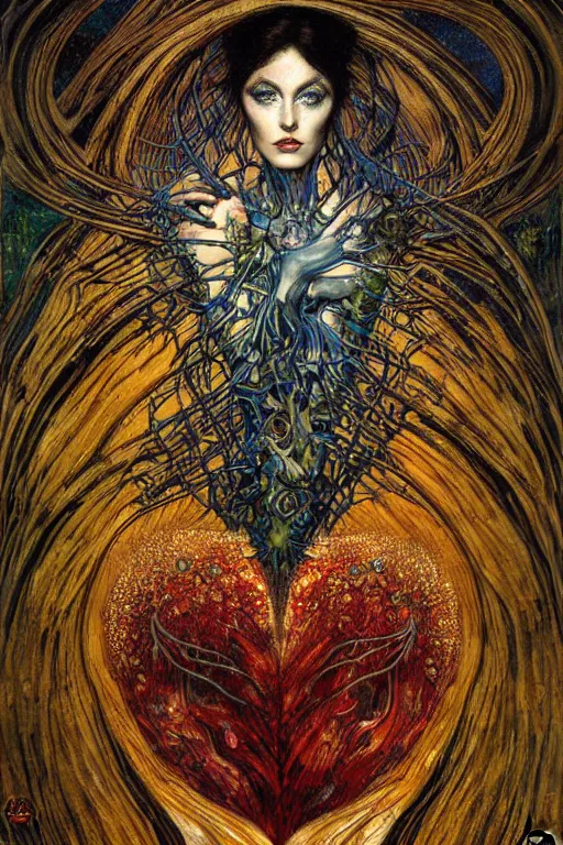 Image similar to Heart of Thorns by Karol Bak, Jean Deville, Gustav Klimt, and Vincent Van Gogh, Surreality, otherworldly, enigma, Helliquary, fractal structures, celestial, arcane, ornate gilded medieval icon, third eye, spirals, rich deep moody colors