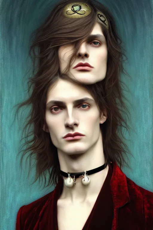 Image similar to a beautiful androgynous man, long hair, tall and thin, soft features, sly, dressed in velvet, rock star, wearing several pendants and a choker, illustration, dramatic lighting, soft details, painting oil on canvas, art nouveau, octane render, hdr, 4 k, 8 k, hd, by edmund blair leighton, brom, charlie bowater, faces by otto schmidt