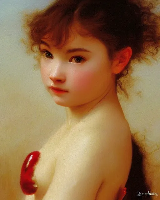 Image similar to beautiful glorious realistic oil painting of young bjork, bokeh, baroque style by bouguereau, sunset, highly detailed, 8 k intricate