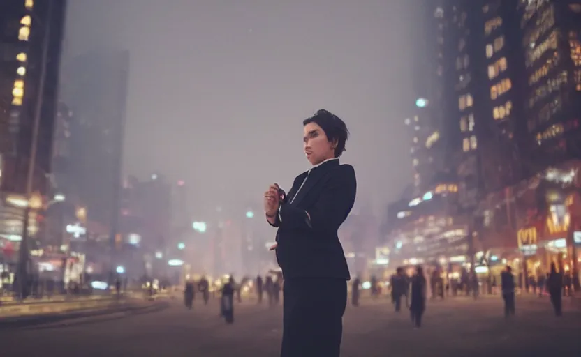 Image similar to a wide shot of a woman with a wool suit, very short hair, blurred face, wearing an omega speedmaster on her wrist in front of a crowded dystopian city full of people walking at night with fog and cyberpunk lights