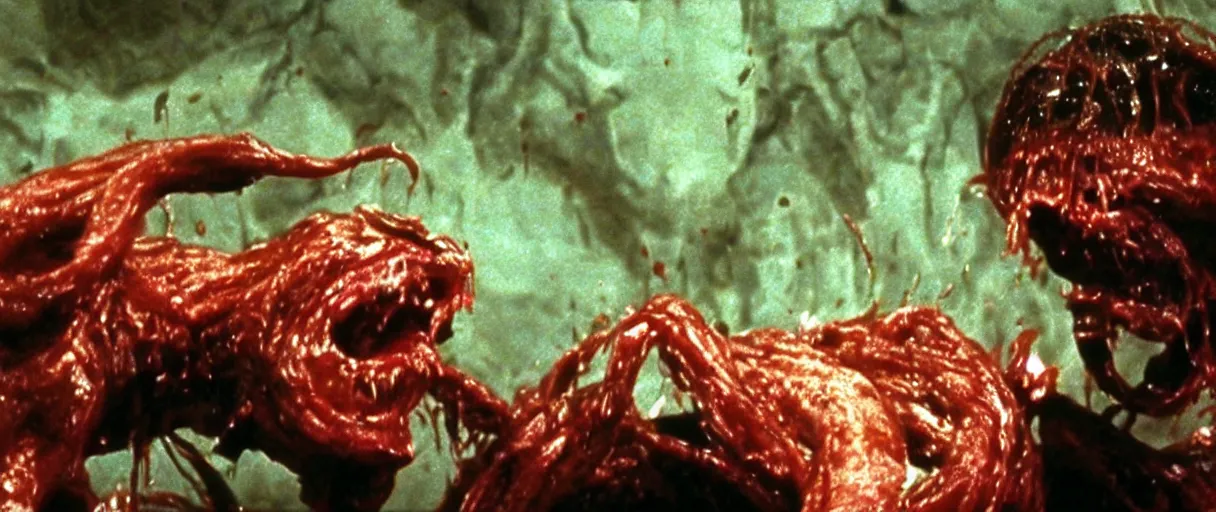 Image similar to filmic wide shot dutch angle movie still 35mm film color photograph of a doctor getting his face torn off and mutilated by a dangerous spined bundle of alien worms coming from off camera, blood flying in the air, in the style of a 1982 horror film