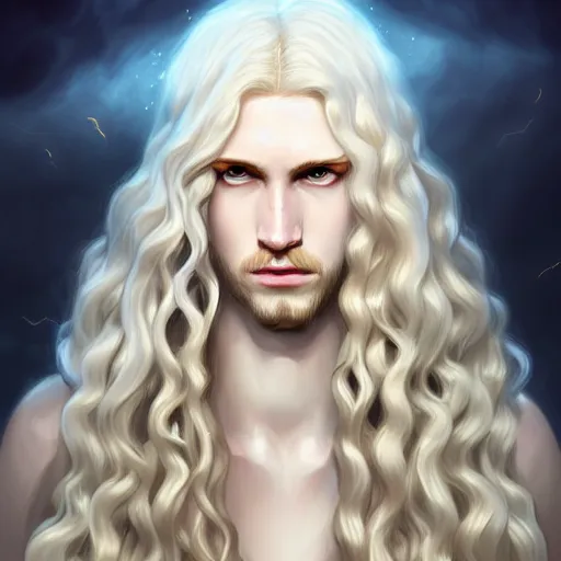 Image similar to Lucius the pale blond androgynous god of the sun, highly detailed, very very very long curly blond hair, extremely luscious curly blond hair, very very very pale white skin, digital painting, artstation, concept art, soft light, sharp focus, illustration