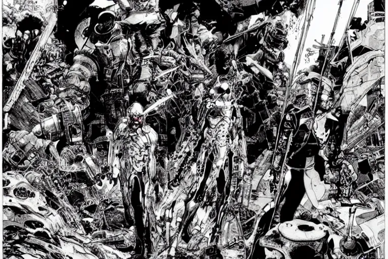 Image similar to cyborg bounty hunters in a no man's land, a color illustration by tsutomu nihei, tetsuo hara and katsuhiro otomo