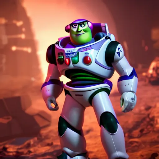 Image similar to Buzz Lightyear as a soldier shooting in 'Gears of War', splash art, movie still, cinematic lighting, detailed face, dramatic, octane render, long lens, shallow depth of field, bokeh, anamorphic lens flare, 8k, hyper detailed, 35mm film grain