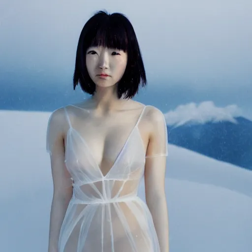 Prompt: a instax photo of fuji mountain, a tall japanese girl in a transparent sheer fabric dress against the background of fuji mountain, severe snow, full body shot, perfect symmetrical body, perfect symmetrical face, coherent symmetrical eyes, hyperrealistic, hyperdetailed, octane render, 8 k