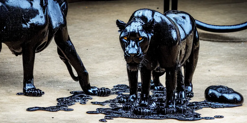 Image similar to the black lioness made of ferrofluid, in the zoo exhibit, viscous, sticky, full of black goo, covered with black goo, splattered black goo, dripping black goo, dripping goo, splattered goo, sticky black goo. photography, dslr, reflections, black goo, zoo, exhibit