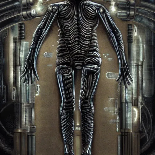 Prompt: a man being born from a machine, dystopian, high tech, biopunk, by H.R. Giger, trending on artstation, high detail