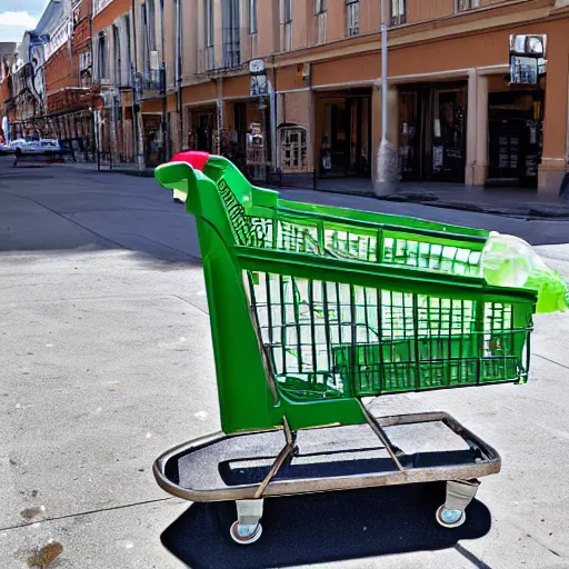 Prompt: a shopping cart full of trash