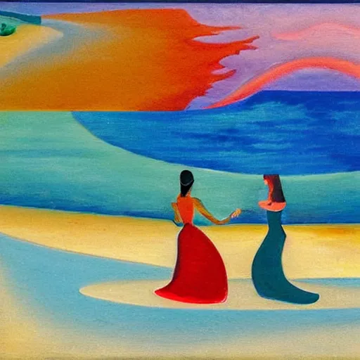 Prompt: two Women in the moonlight dancing by the ocean while the waves crash on the seashore, high quality art in the style of cubism and geogia o keefe