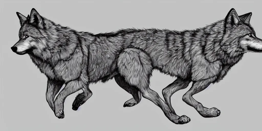 Image similar to digital art of a full-body outline of a running wolf, simple, no color, high quality, HD, 8K,