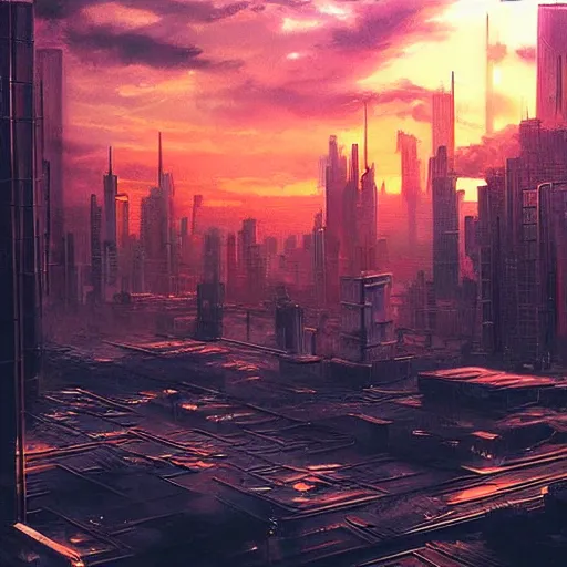 Image similar to beautiful cyberpunk cityscape, sun setting, volumetric clouds, painting by bob ross