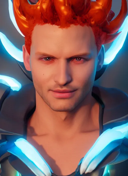Image similar to glowwave portrait of a curly orange hair angel man with demon horns from overwatch, au naturel, hyper detailed, digital art, trending in artstation, cinematic lighting, studio quality, smooth render, unreal engine 5 rendered, octane rendered, art style by klimt and nixeu and ian sprigger and wlop and krenz cushart riot arcane overwatch