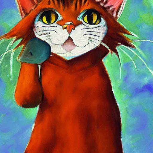 Prompt: An oil painting of cat wizard in the style of Ghibli