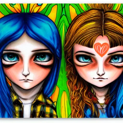 Image similar to perfectly centered symmetrical split male and female portrait of man and woman in love sharing one heart. art by jasmine becket griffith