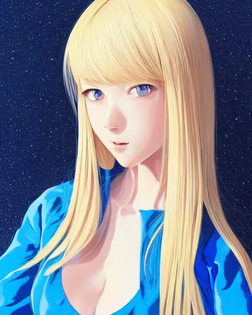 Image similar to infinitely detailed full - body portrait pale female beautiful blonde haired woman with sparkling blue eyes. wearing blue dress, beautiful! scenery art! by wlop & murata range, by ilya kuvshinov. artstation!! / pixiv!!