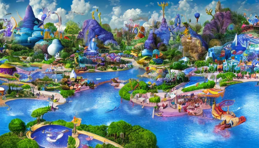 Prompt: disney world, it ’ s a small world ride landscape, kidney shaped swimming pools, unreal engine, realistic shading, realistic render, octane render, detailed textures, photorealistic, wide shot