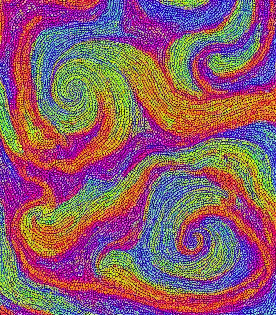 Image similar to a painting of the perfect, symmetrical wave, lineart!, pointilism, low saturation colors, triadic color palette, high detail