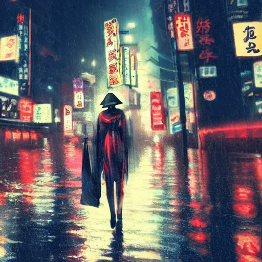 Image similar to high detailed geisha in a cyberpunk rainy city at night with a torii in the background by , high quality, 4K, UHD, trending on ArtStation, blade runner vibes, ghost in the shell