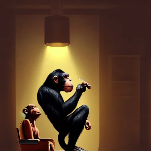 Image similar to a chimp wearing a suit smoking a cigar, dramatic lighting, cinematic, establishing shot, extremly high detail, photorealistic, cinematic lighting, artstation, style by James Gurney