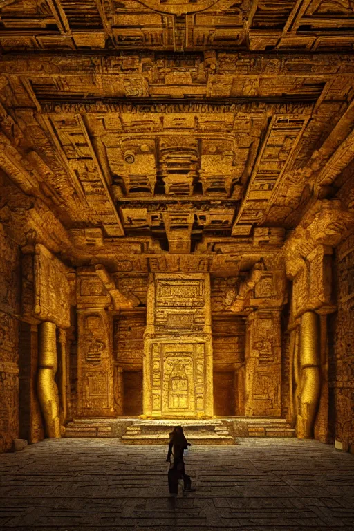 Prompt: inside a majestic aztec temple made of gold, intricate, elegant, volumetric lighting, digital painting, highly detailed, artstation, sharp focus, illustration, concept art, ruan jia, steve mccurry