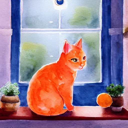 Image similar to A fat, cute orange cat in a beautiful room, cozy, watercolor on paper by CARY KWOK, details, lights, beautiful, 4K, 8K