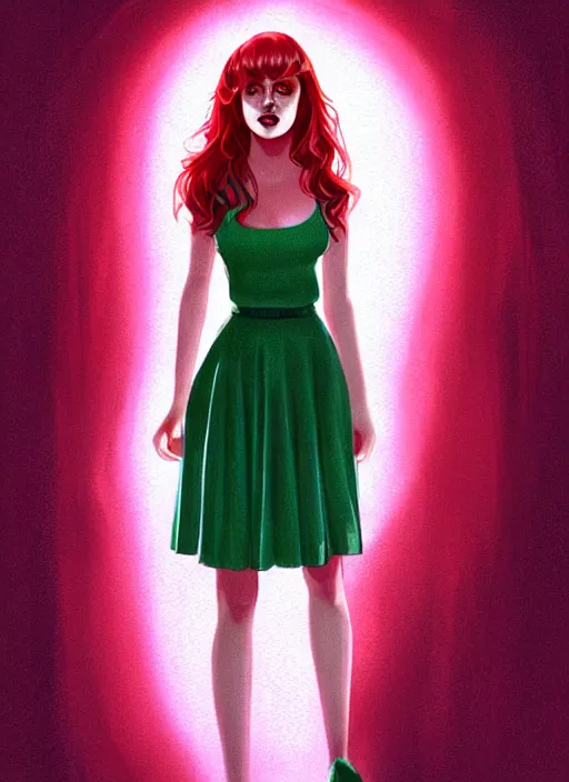 Image similar to full body portrait of teenage cheryl blossom, bangs, green eyes, sultry expression, red hair, sultry smirk, bangs and wavy hair, pink skirt, bangs, intricate, elegant, glowing lights, highly detailed, digital painting, artstation, concept art, smooth, sharp focus, illustration, art by wlop, mars ravelo and greg rutkowski