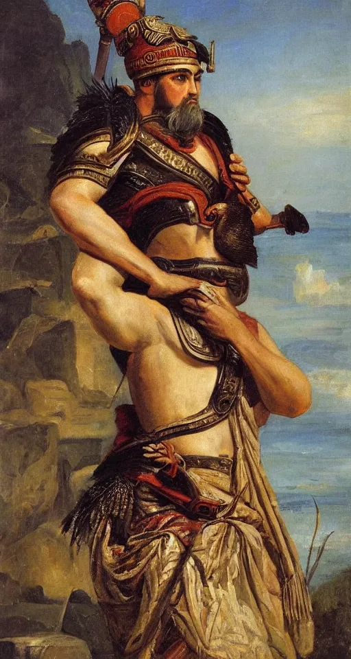 Image similar to orientalist portrait painting of a the great greek warrior achilles with a cormorant on his shoulder, in romantic style, sfumato