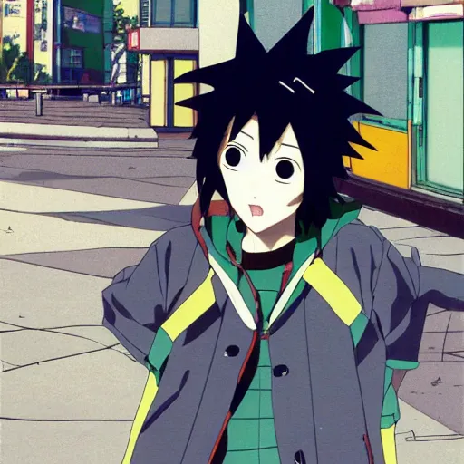 Prompt: japanese emo boy, anime boy, black hair, spiky hair, weird clothing, rollerblading, rollerskates, cel - shading, 2 0 0 1 anime, flcl, jet set radio future, golden hour, japanese town, concentrated buildings, japanese neighborhood, construction site, cel - shaded, strong shadows, vivid hues, y 2 k aesthetic