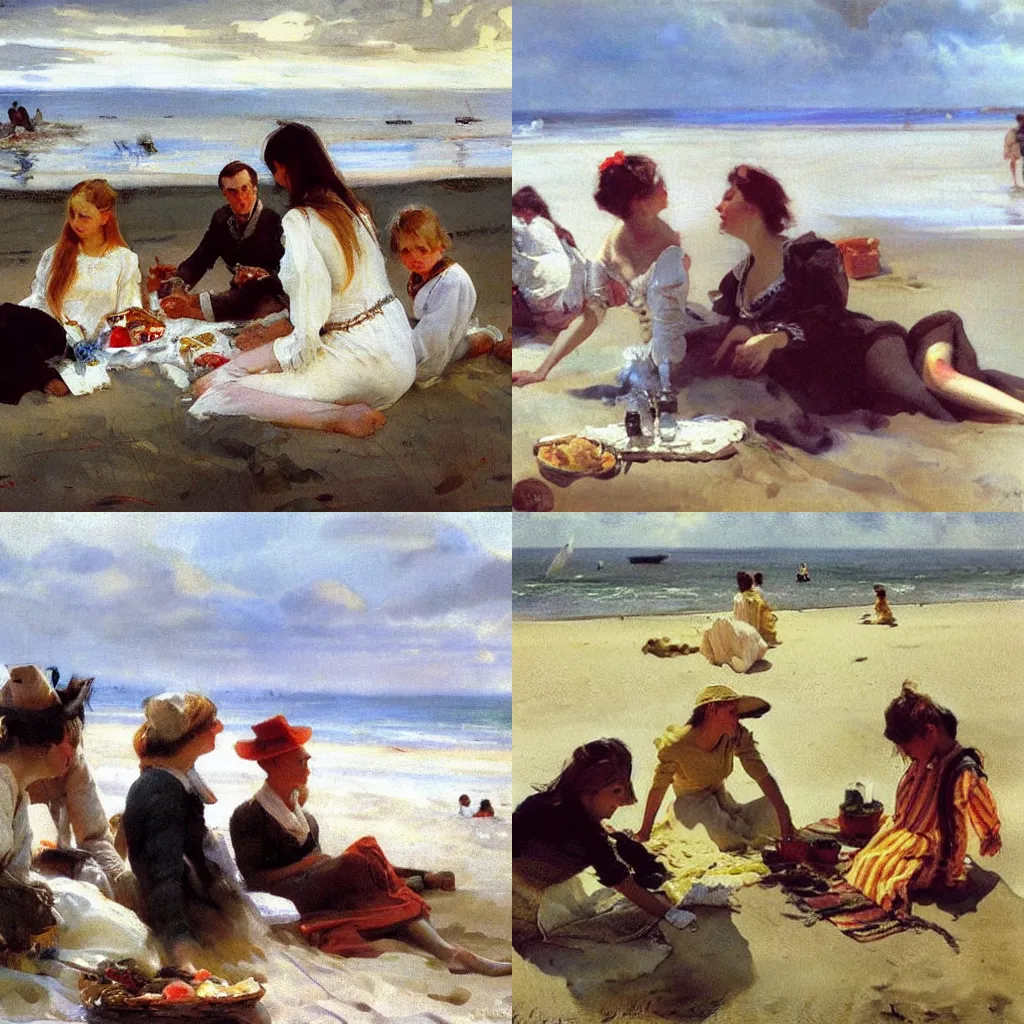 Prompt: a picnic on the beach by anders zorn