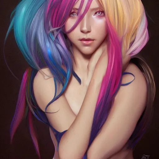 Image similar to portrait of beautiful symmetrical anime girl, rainbow hair, attractive, casual, modern, victoria's secret, highly detailed, digital painting, artstation, concept art, smooth, sharp focus, illustration, art by artgerm, greg rutkowski and alphonse mucha, 8 k,