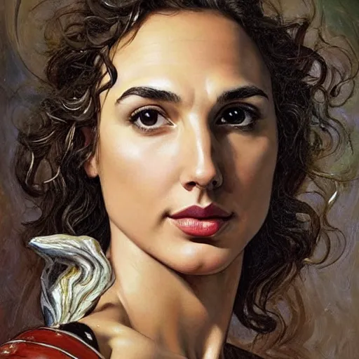 Image similar to Full body oil painting of the beautiful woman Gal Gadot, she is wearing some withe ancient roman cloths and a surreal ornate, her hair is natural disheveled, she is approaching heaven, people are claiming for her, she is attracting lightnings, naturalism, dramatic lighting, high-detailed oil painting by Ilya Repin, Michelangelo da Caravaggio, William Blake, Alex Grey and Beksinski, trending on Artsatio, hystorical painting, masterpiece, 4k, 8k,