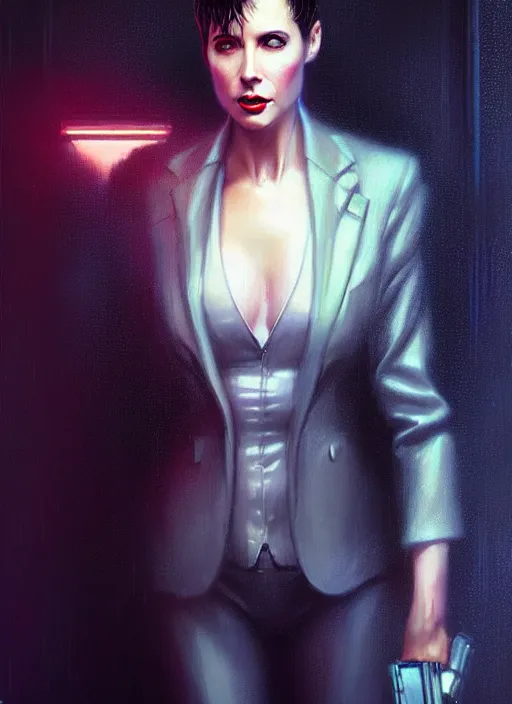 Image similar to ! dream hyper realistic portrait gorgeous, beautiful rachael rosen from blade runner set in modern times, fully clothed in a women's suit from the future, by greg rutkowski, scott m fischer, artgerm, loish, slight glow, atmospheric, anne stokes, alexandros pyromallis,