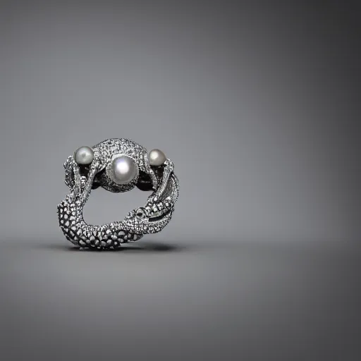 Image similar to hd photo of a diamond futuristic ring with tentacles and pearls by cartier, denoise, deblur