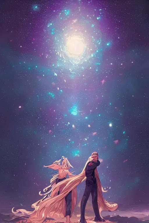 Prompt: man and woman sea and night sky with stars and galaxies, ornate detailed background, trending on artstation, by rossdraws, artgerm