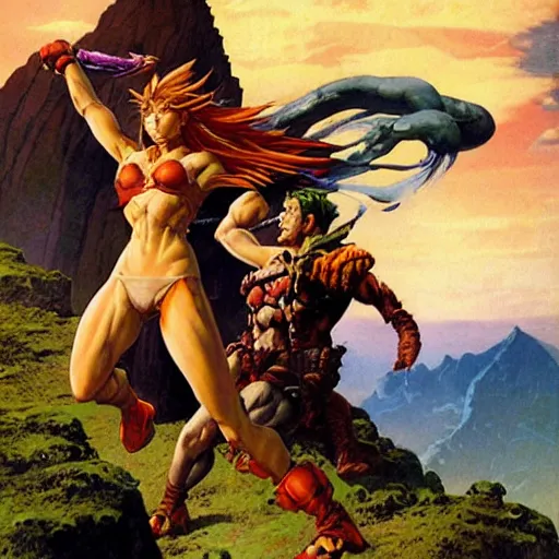 Image similar to crono stands atop a mountain of as marle and ayla clutch his legs, epic painting by frank frazetta