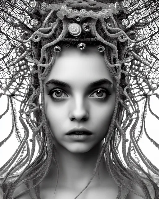 Image similar to surreal mythical dreamy artistic black and white fine art photo of a beautiful young female queen - medusa - cyborg covered with lace fish scales and translucent algae, highly detailed, intricate crystal ivy lace jelly fish scales ornate, poetic, octane render, 8 k, photo - realistic