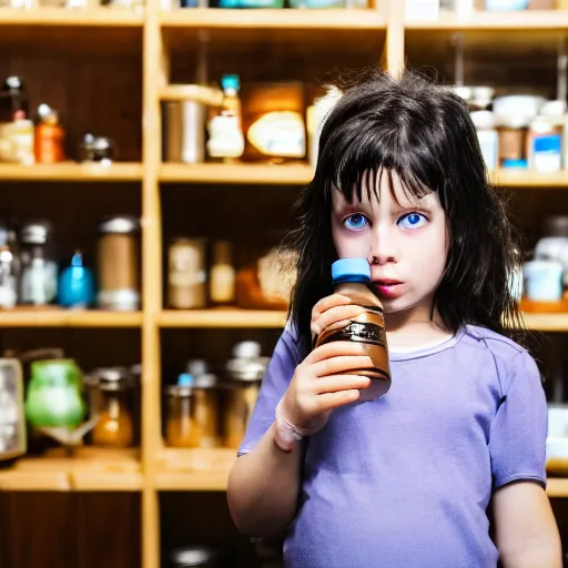 Image similar to a little blue-skinned girl with messy black hair sharp pointed ears freckles along the ridges of her cheeks in a pantry drinking from a leather flask, blue skinned dnd triton, high resolution film still, 4k, HDR colors