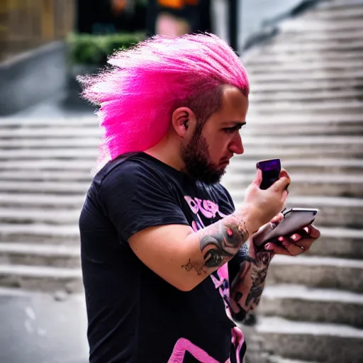 Prompt: street portrait of a pink with a pink mohawk, looking to his phone, candid portrait, street photography, high detail, 5 0 mm lens, heavy bokeh, fine details