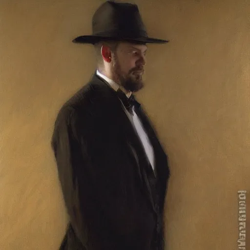 Prompt: detailed portrait of man in black suit and black coat, spring light, painting by gaston bussiere, craig mullins, j. c. leyendecker