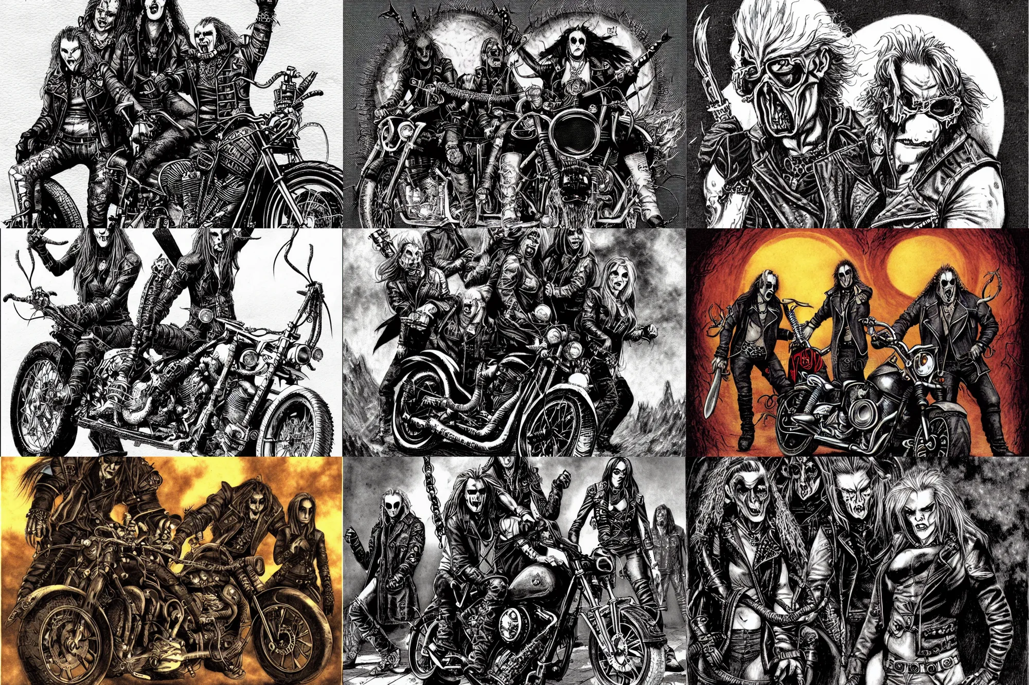 Prompt: biker vampires, gangrel, circle of the crone, illustration from a world of darkness source book ( by white wolf )