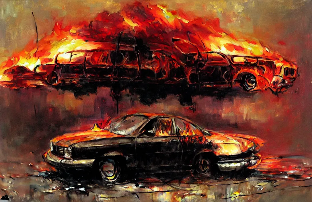 Prompt: an abandoned car on fire, detailed painting epic lighting by ilya repin, phil hale and kent williams